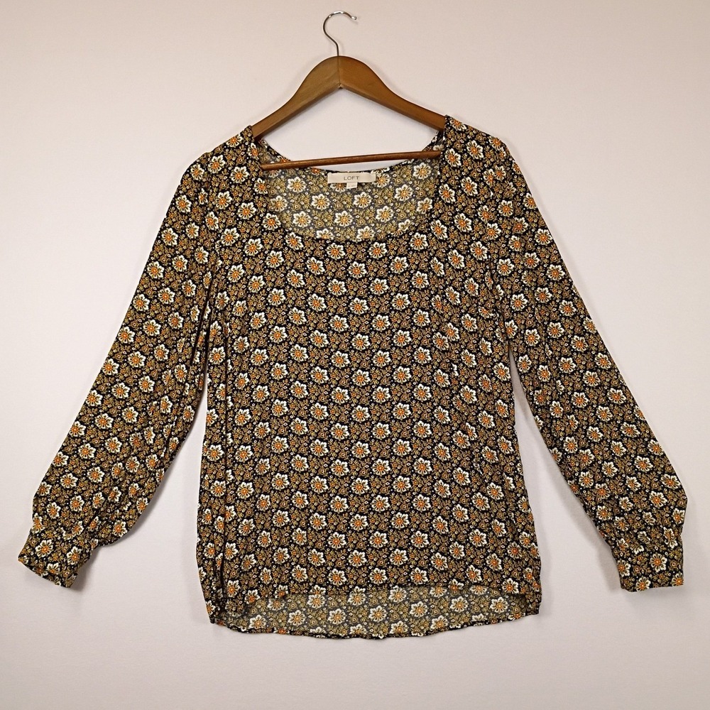 Boho Floral LOFT Womens Medium Black Orange Medallion Scoop Neck Rayon Blouse